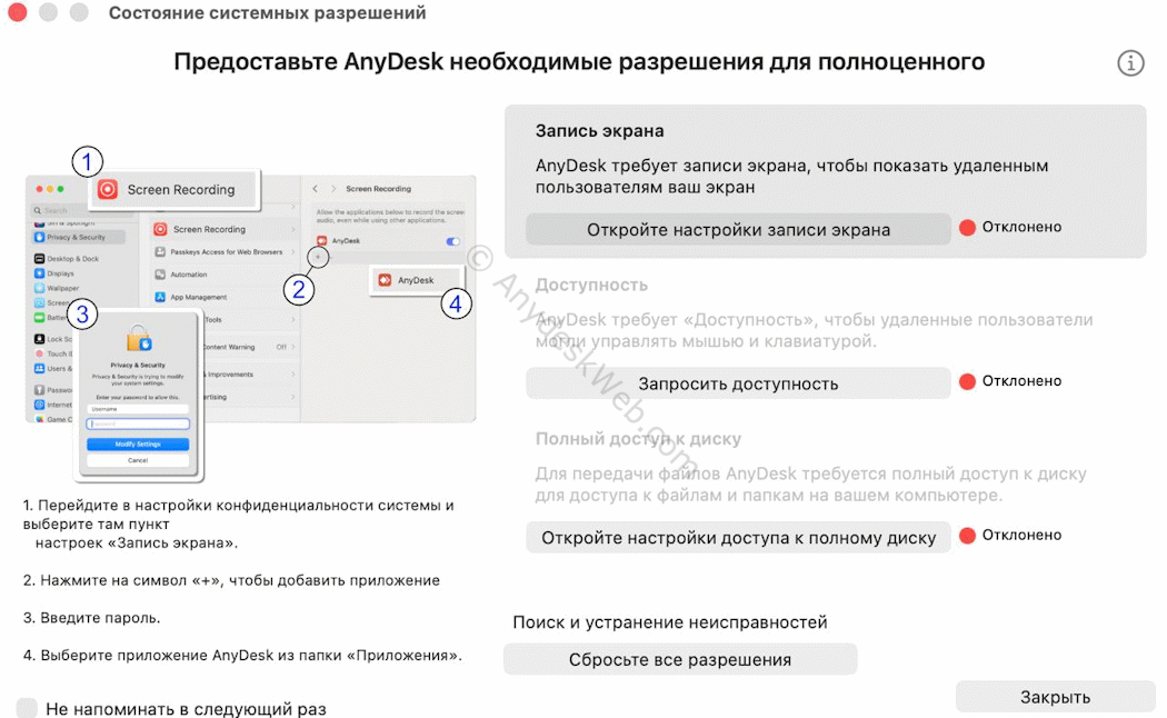 Системные разрешения Anydesk на Macos
