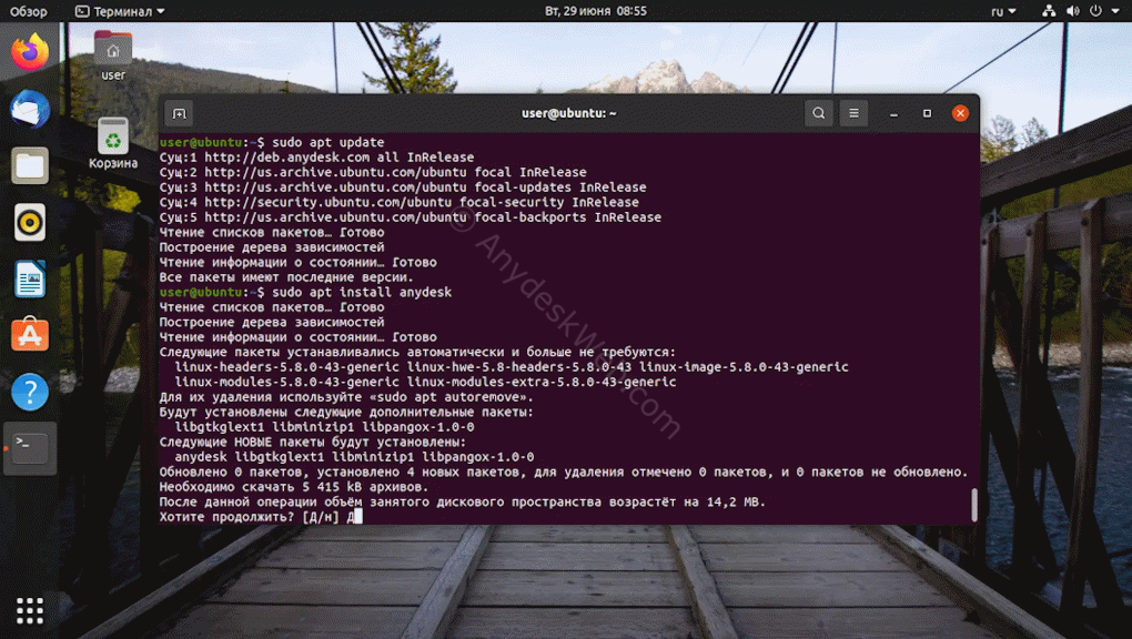 Процесс установки Anydesk на Ubuntu