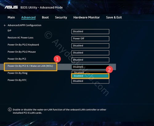 Включение Wake on lan в Bios